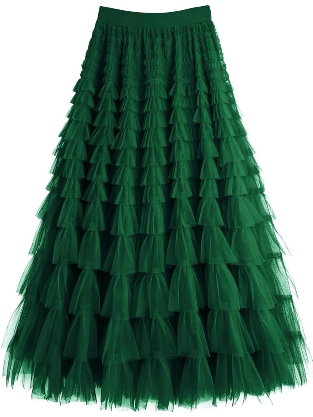 Elegant Green Tiered Tulle Maxi Skirt